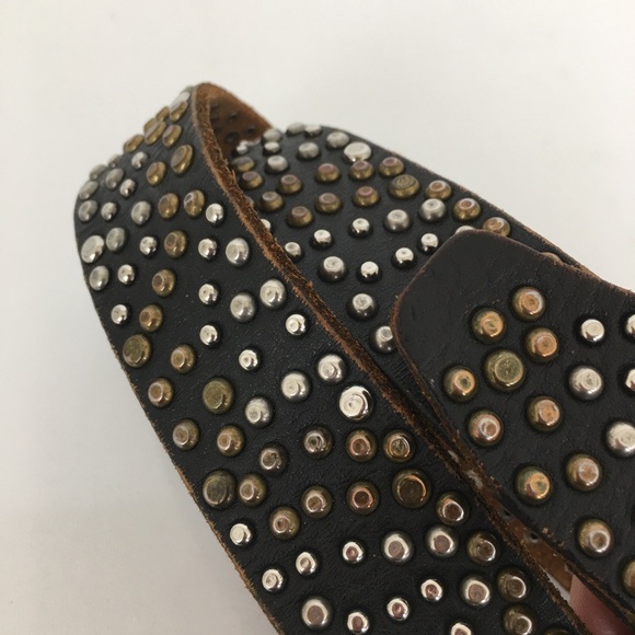 Brown Genuine Leather Belt Mixed Metal Studs Silver Tone Buckle Women’s Size L - Picture 2 of 10